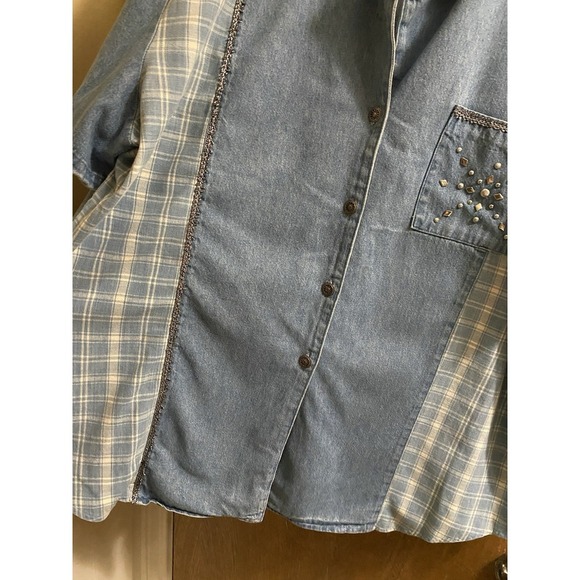 Vintage Alexa EM 80s Denim Button Down Short Sleeve Shirt Plaid Embellished XL - Picture 4 of 9